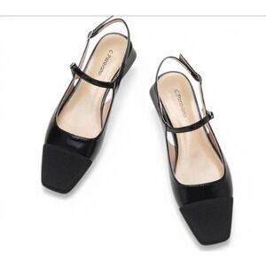C.Paravano Slingback Flats Womens 40 Black Cap Toe Leather Square Toe Block Heel